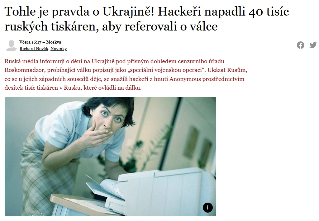 Novinky.cz - Tohle je pravda o Ukrajině! Hackeři napadli 40 tisíc ruských tiskáren, aby referovali o válce