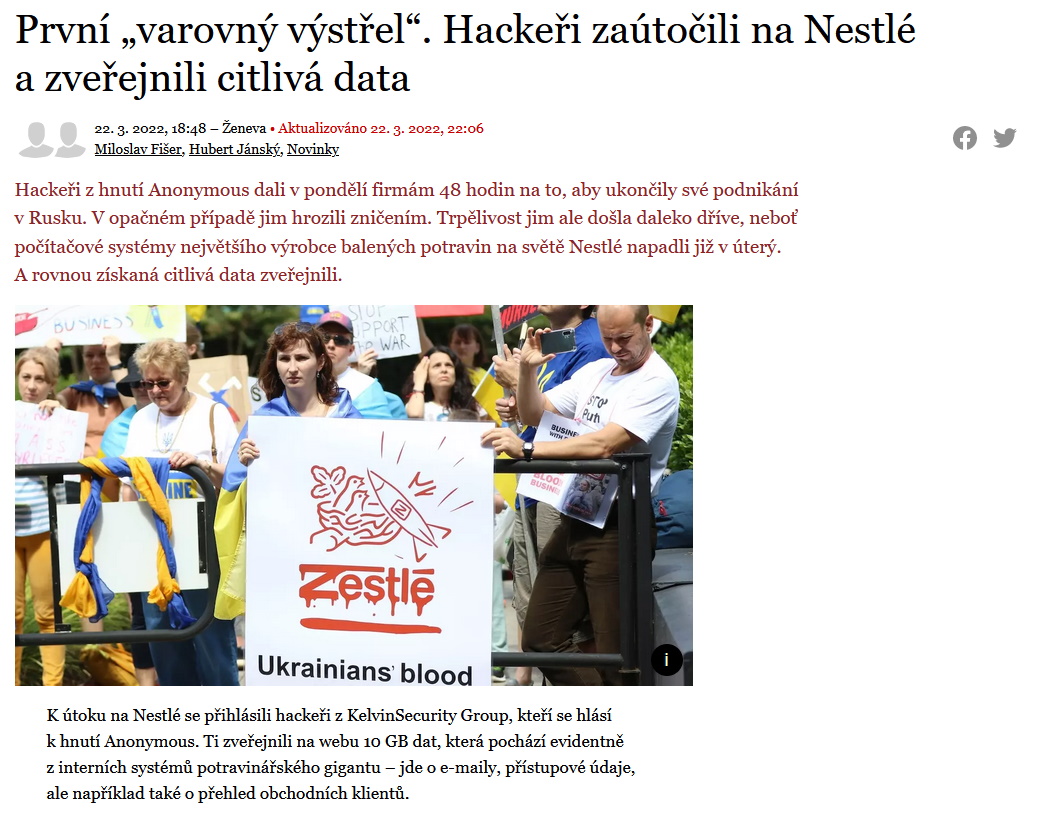 Novinky.cz - První „varovný výstřel“. Hackeři zaútočili na Nestlé a zveřejnili citlivá data