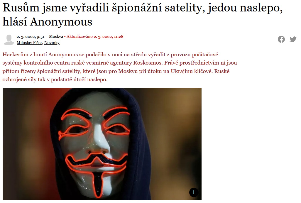 Novinky.cz - Rusům jsme vyřadili špionážní satelity, jedou naslepo, hlásí Anonymous