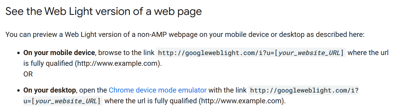 Google Web Light preview functionality